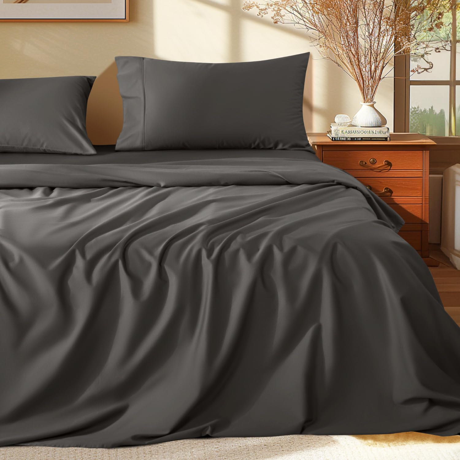 Shilucheng 100% Egyptian Cotton Sheets Set - 1000 Thread Count,Luxury Cotton Bed Sheets,Breathable & Cooling Bedding And Pillow Cases, 16 Inch Deep Pocket - 4 Piece (Dark Grey, Full)